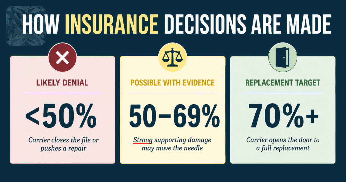 Infographic on insurance decisions: under 50% likely denial, 50–69% possible with evidence, 70%+ full replacement target