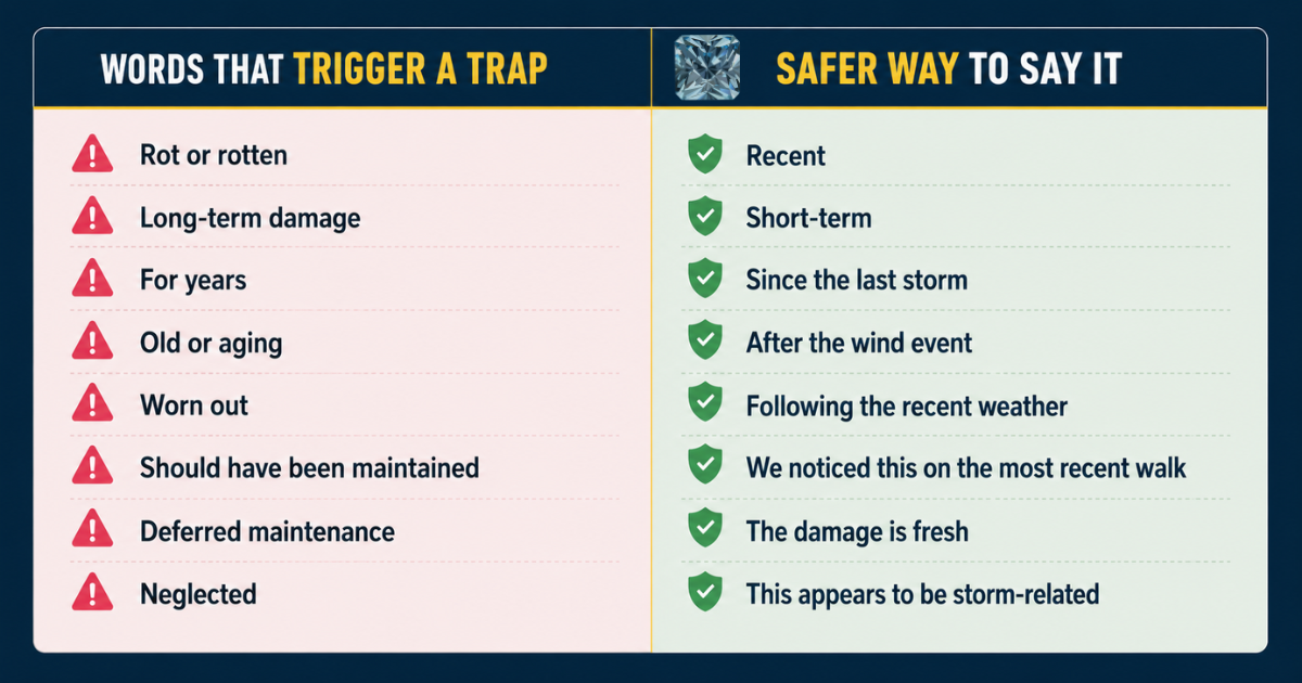Comparison of claim trigger words like rot, long-term, and neglected versus safer phrases like recent, since the last storm, and storm-related