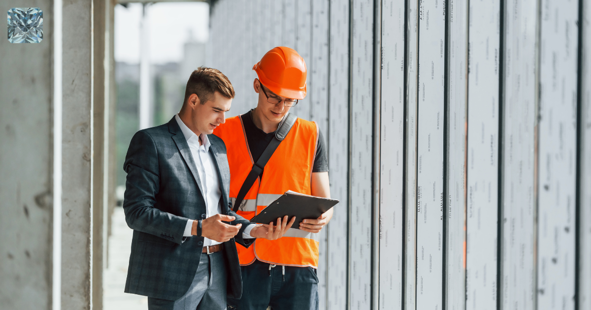 Contractor in a hard hat reviewing an itemized commercial roofing proposal on a tablet with a building owner