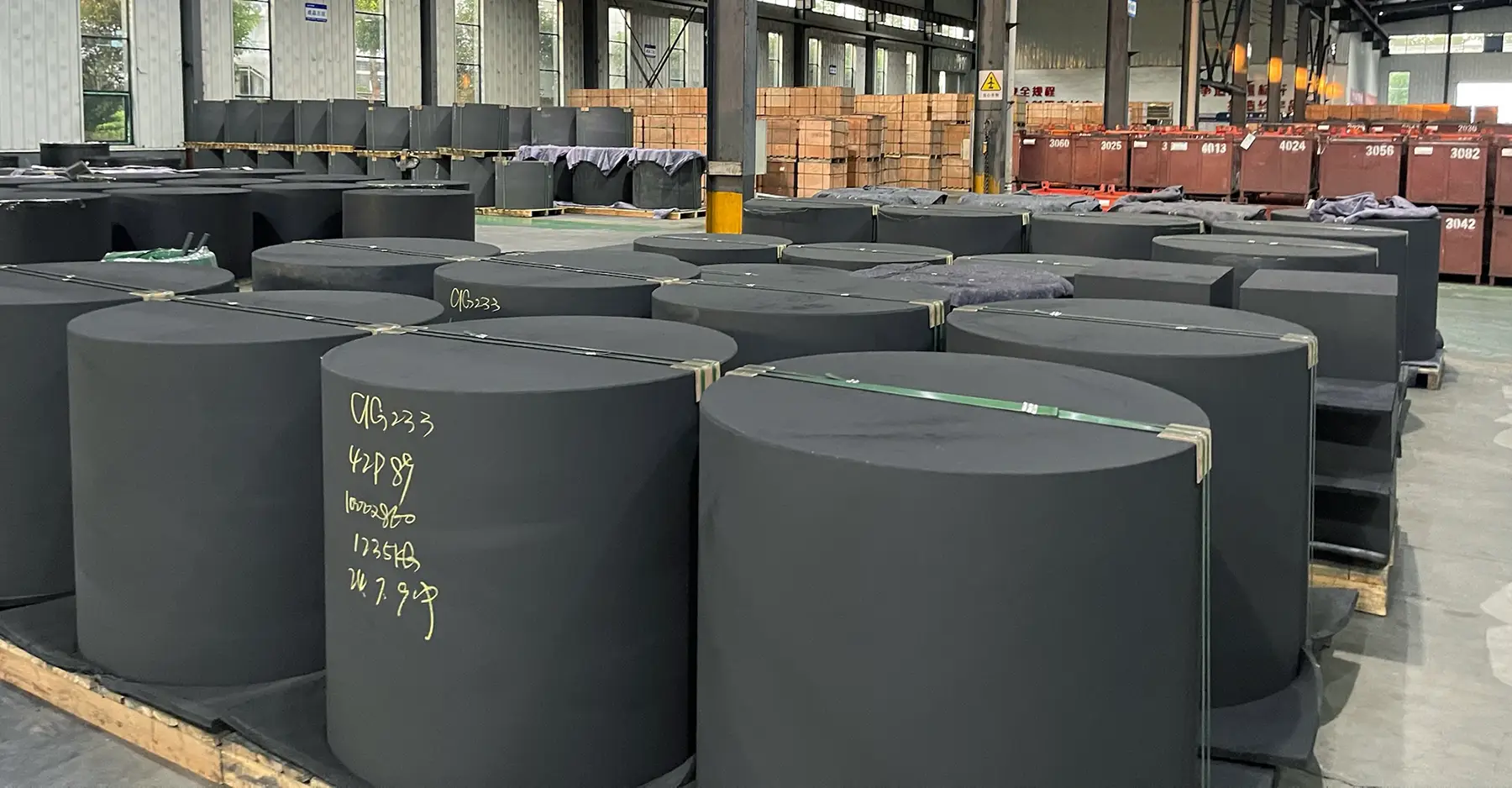 Graphite materials stored inside Max Graphite's warehouse