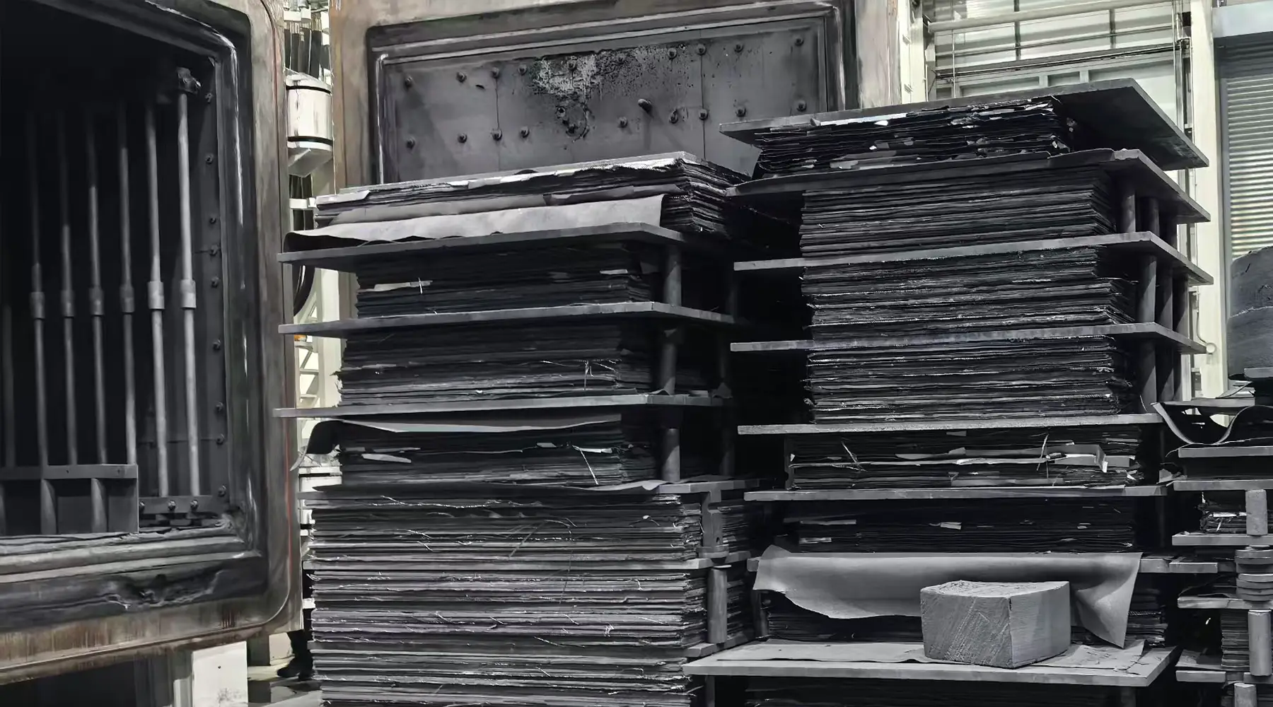 Carbon materials loaded and stacked for the graphitization furnace