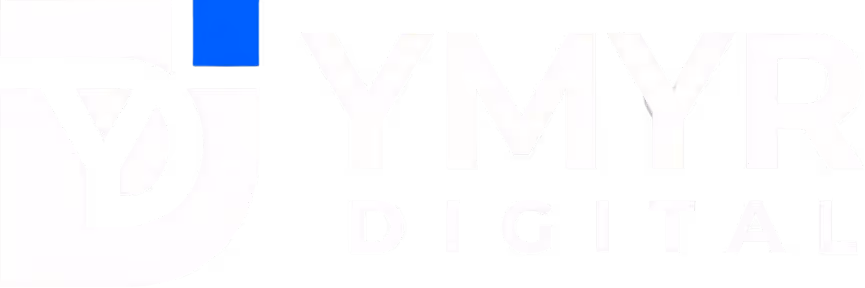 Logo YMYR Digital stylisé avec lettres blanches et un carré bleu sur fond transparent.