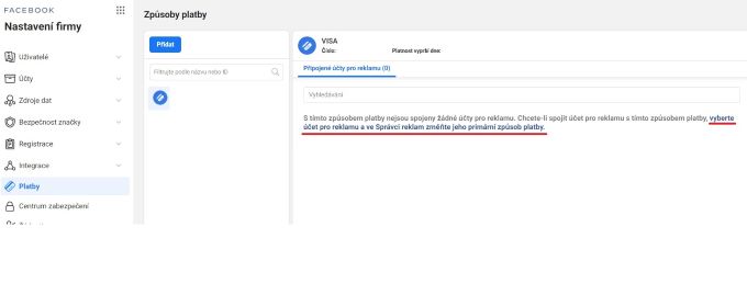 Karta je přidaná, zbývá propojit s reklamním účtem