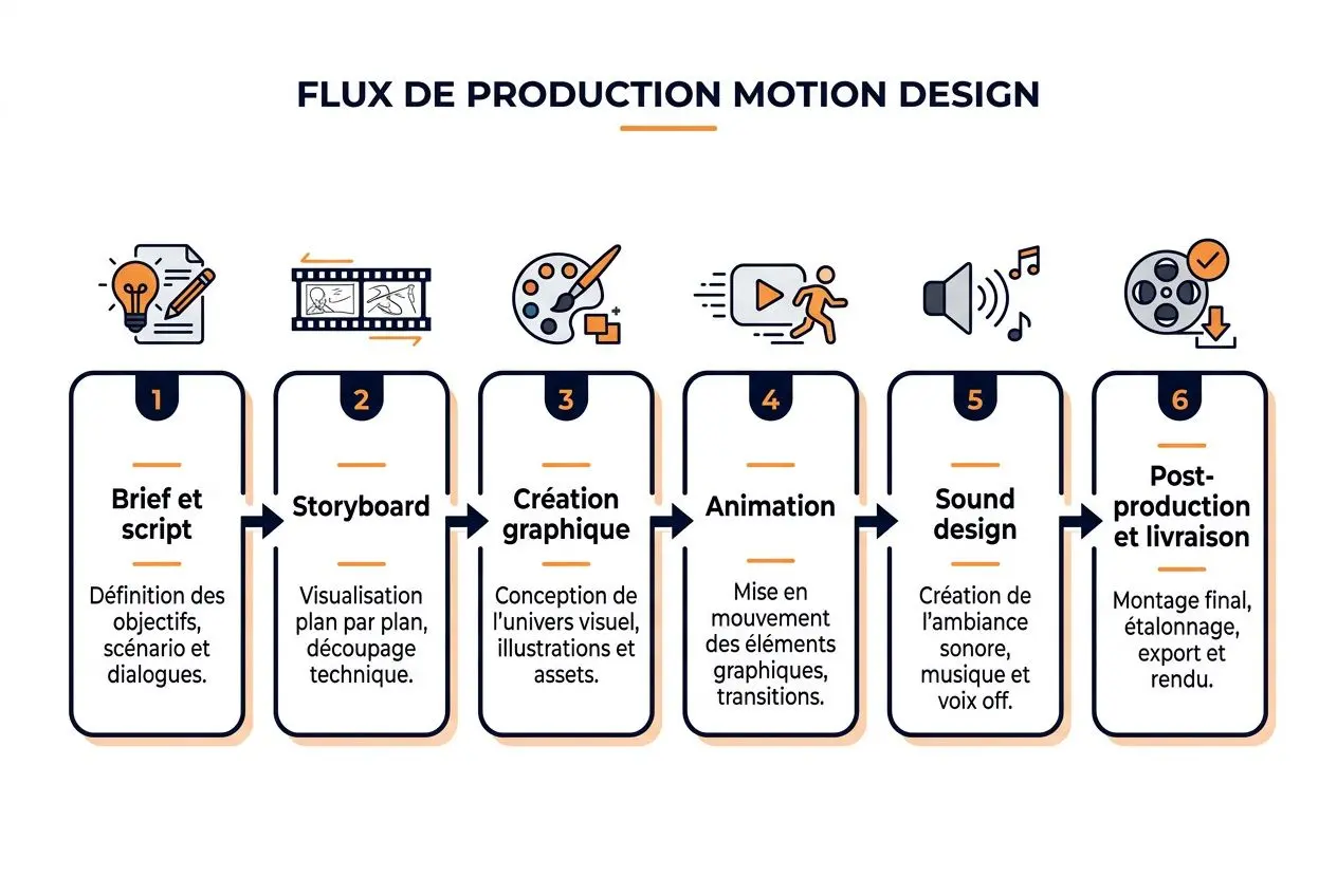 Illustration de flux de production motion design: 1 Brief et script, 2Storyboard, 3 Création graphique, 4 Animation, 5 Sound design, 6 Post-production et livraison. motion design définition intégrée.