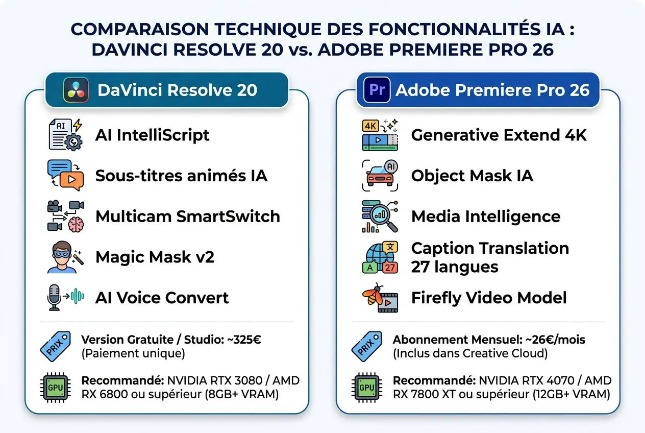 Comparaison des fonctionnalités IA: DaVinci Resolve 20 vs Adobe Premiere Pro 26 avec icônes et liste de features. Montage vidéo avec intelligence artificielle présentée, incluant IA Intelligence, sous-titres IA, masque IA, media intelligence et caption translation; côté Premiere Pro 26: générative 4K, Object Mask IA, Media Intelligence et Firefly Video Model.