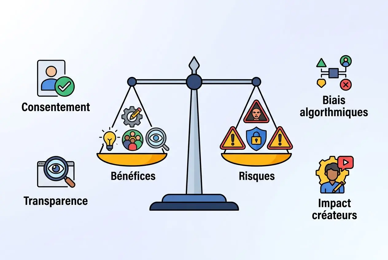 Balance illustrant les critères éthiques: Consentement, Transparence et Bénéfices d’un côté, Risques et Impact créateurs de l’autre, avec Bias algorithmiques et consentement affichés.