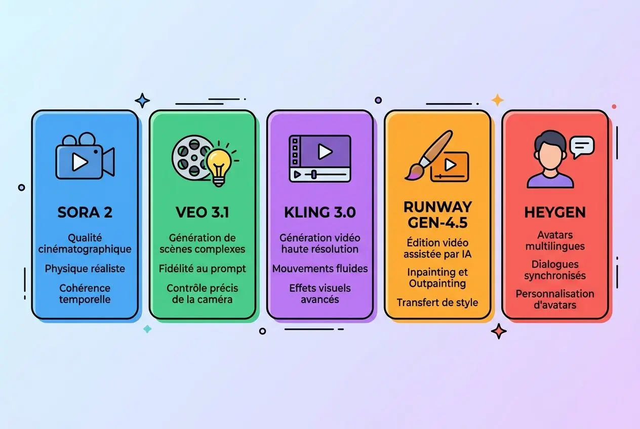 Différentes cartes colorées représentant des outils IA de création vidéo, avec des noms comme SORA 2, VEO 3.1, KLING 3.0, RUNWAY GEN-4.5 et HEYGEN, chacune indiquant des caractéristiques telles que qualité, créativité et dialogues. chatgpt peut créer des vidéos intégrée naturellement.