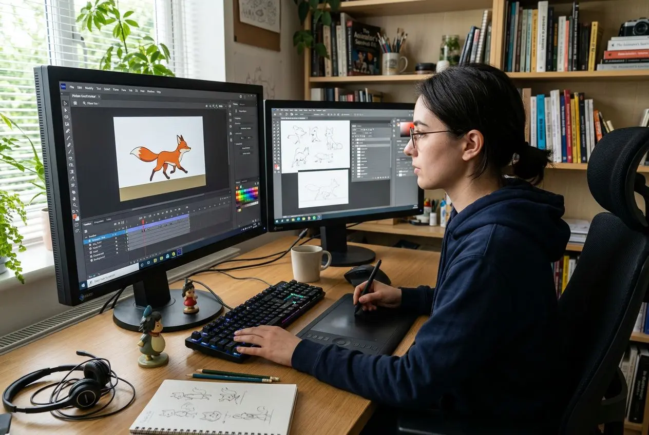 Motion designer travaillant sur un logiciel d'animation