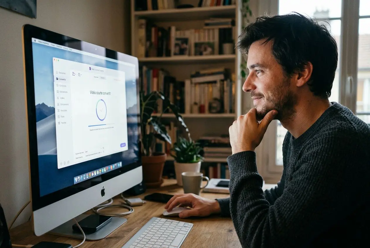 Personne travaillant sur un iMac, en train de dérusher une vidéo longue pour en extraire des formats courts.