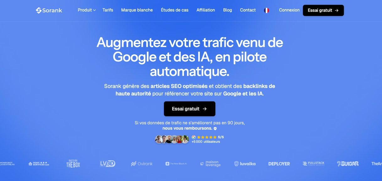Accueil du logiciel Sorank, qui publie des articles sur le site d'une marque, obtient des liens et suit sa présence dans ChatGPT, Claude et Gemini