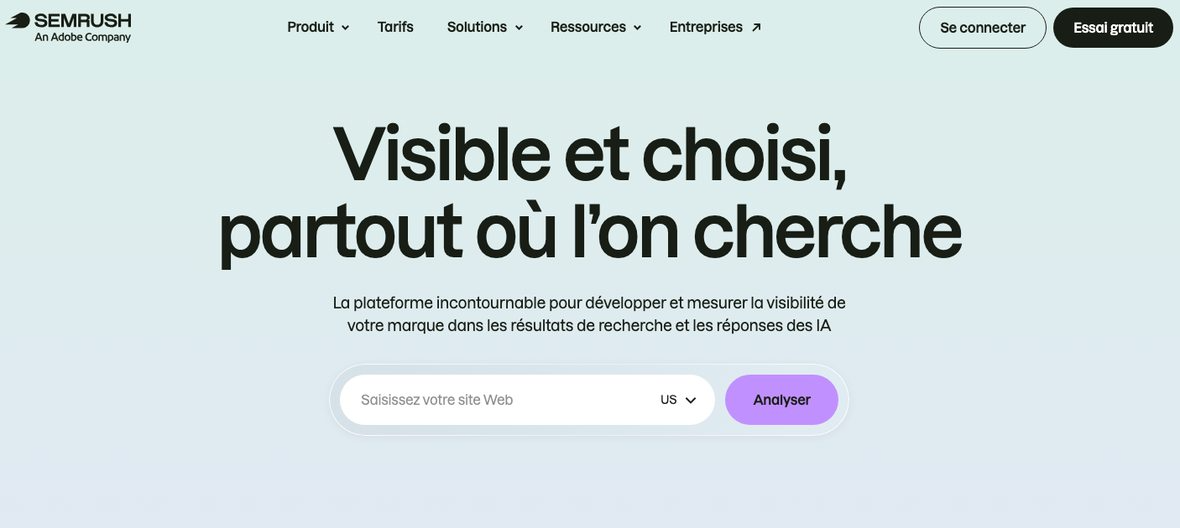 Page d'accueil de Semrush, plateforme d'étude des mots-clés, des concurrents et de la visibilité dans les IA