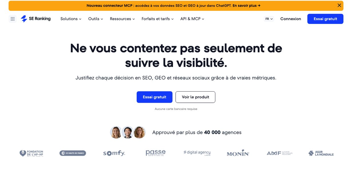Page d'accueil de SE Ranking, logiciel de positions, d'audit et de rapports pour les équipes marketing