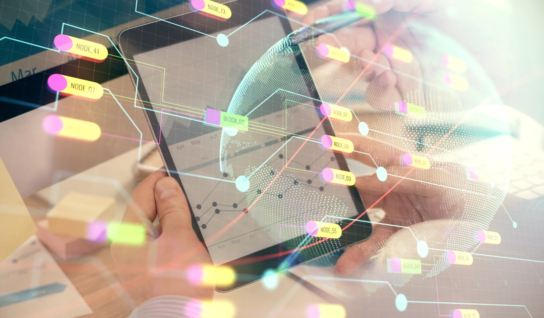Person using a tablet with a digital overlay of network nodes and connections, and a globe in the background.