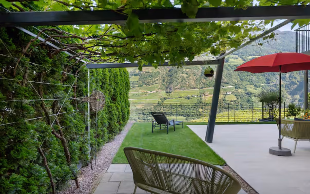 Weinlaube im Garten mit Liegestuhl