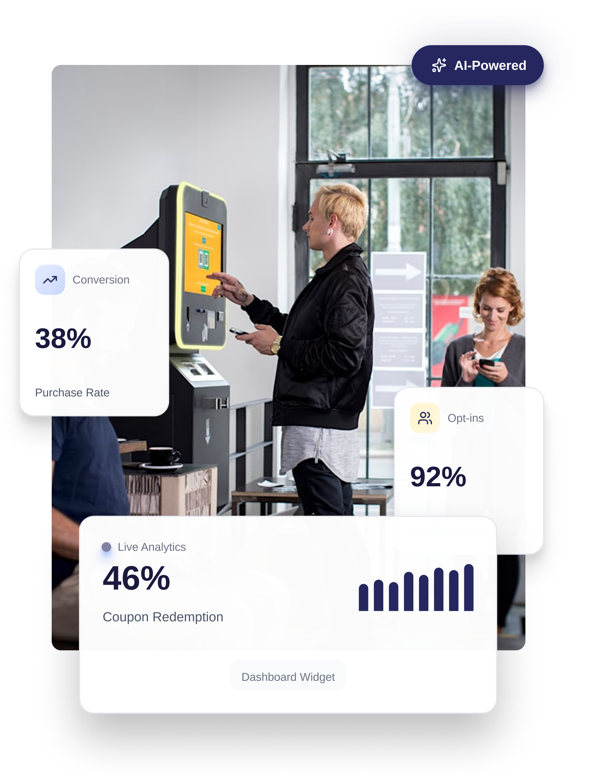 Product mockup showing app interface with statistics cards