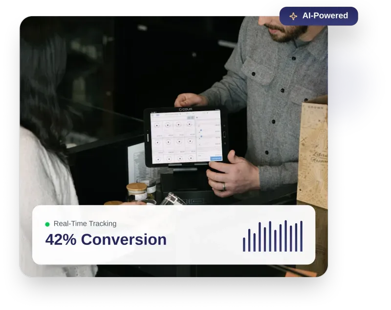 A man showing a tablet screen with data to a woman at a counter, with a graphic overlay stating 'Real-Time Tracking 42% Conversion'.