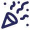 Icon depicting a party popper with confetti and wavy lines.