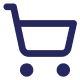 Outline of a shopping cart with two circles for wheels.