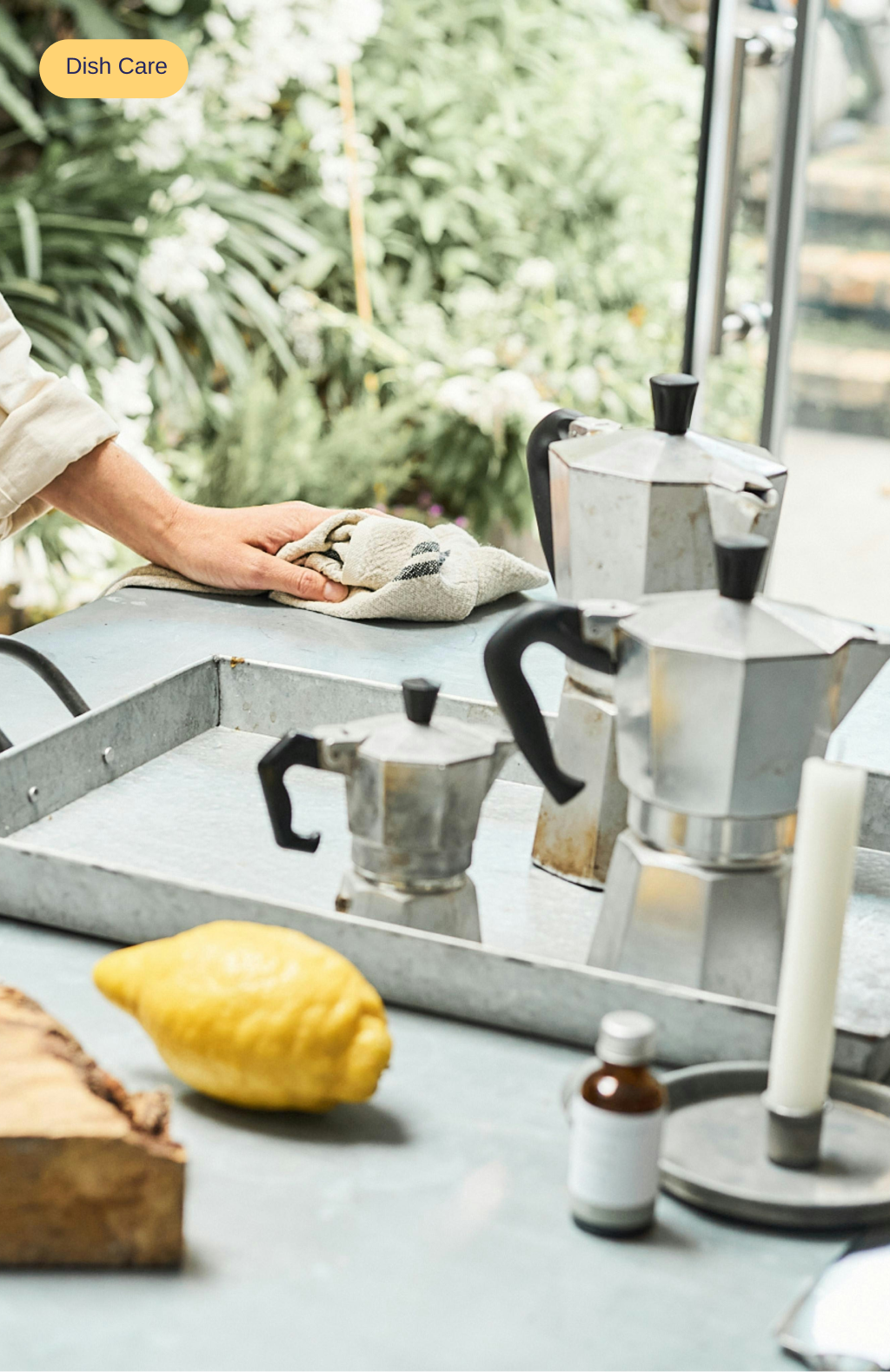 Product mockup showcasing dish care product with category label.