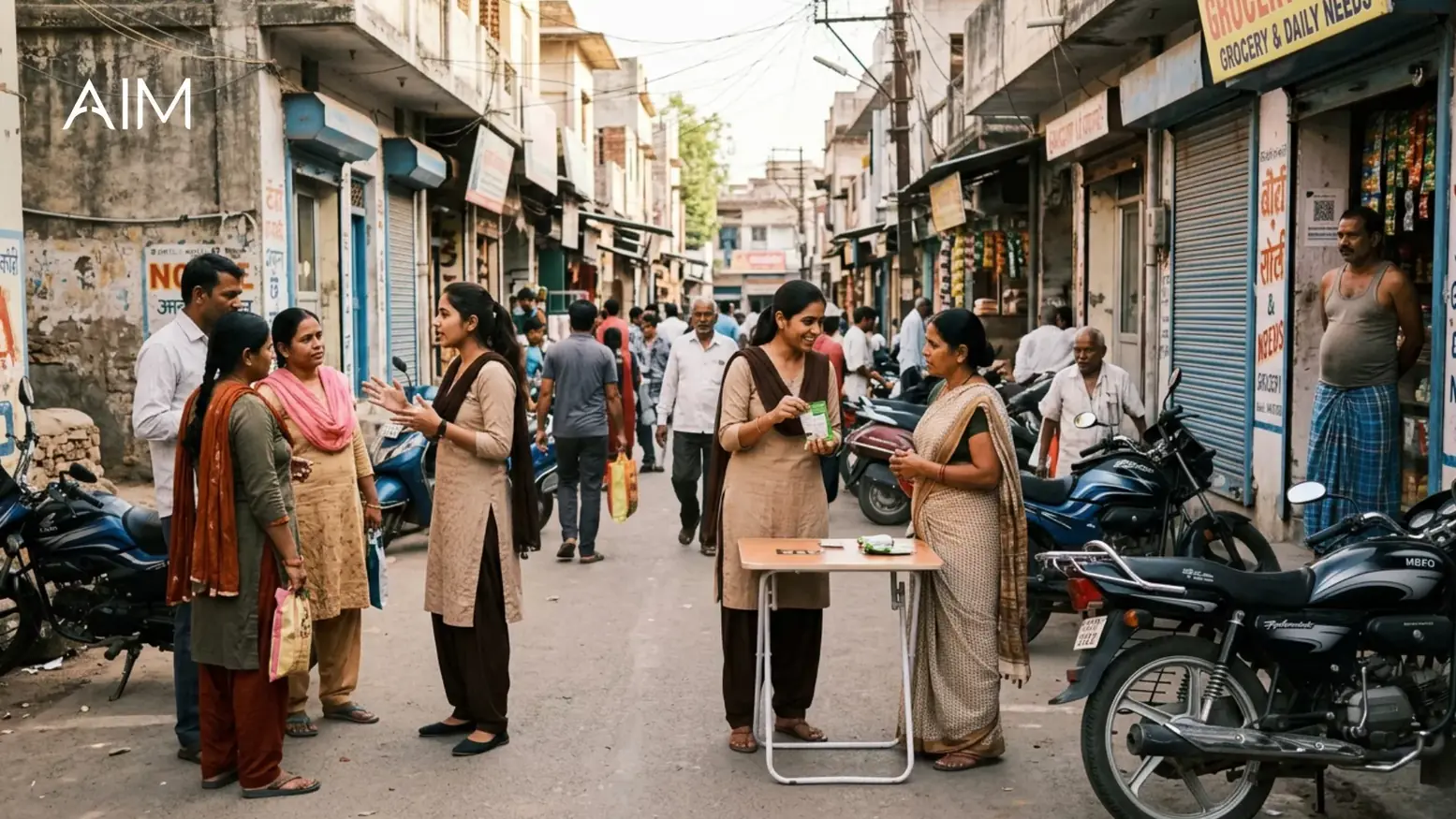 Women gathered at a small sampling table on a busy town market street