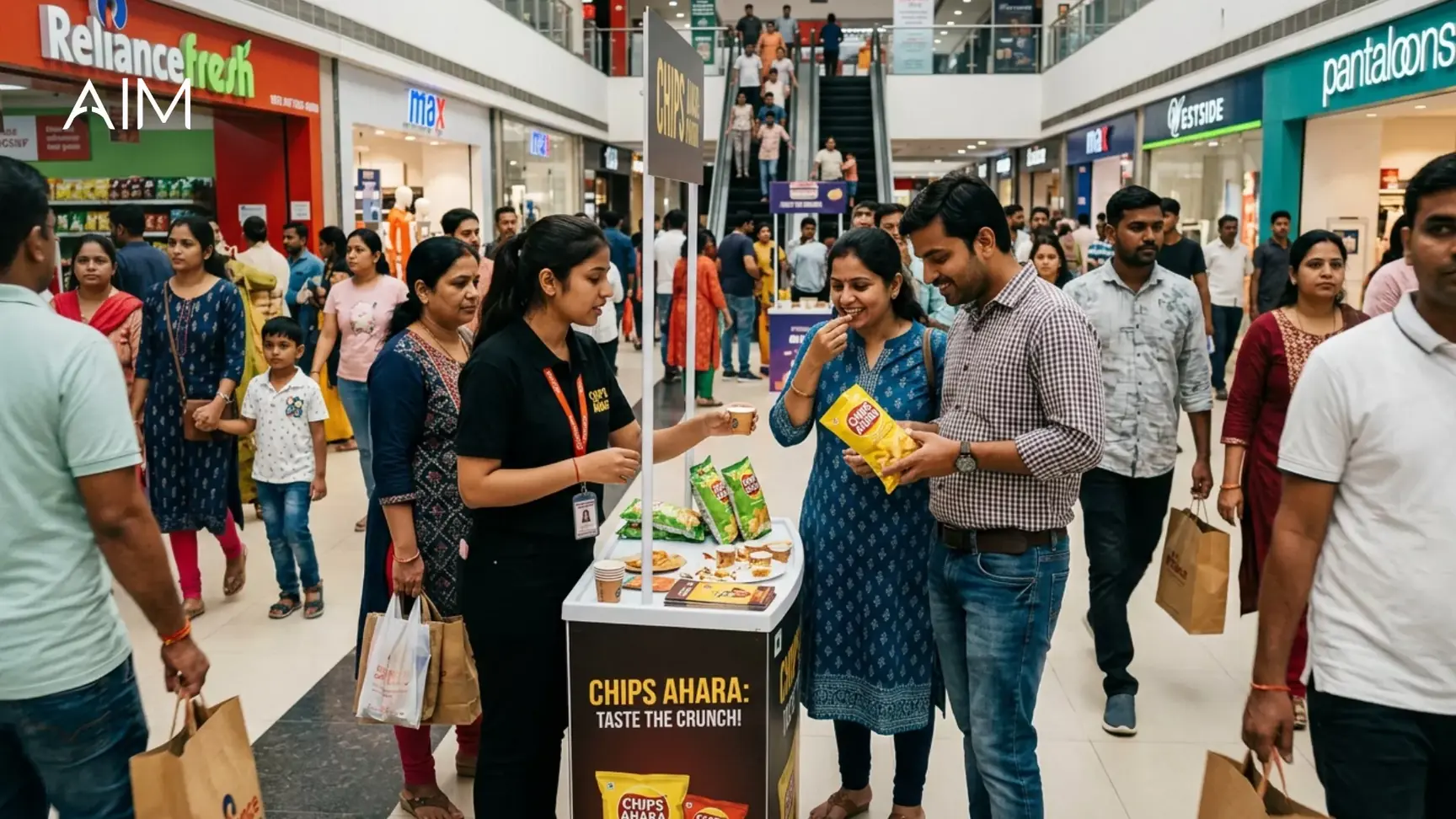 Crowded mall concourse with a promoter handing out snack samples at a Chips Ahara stand