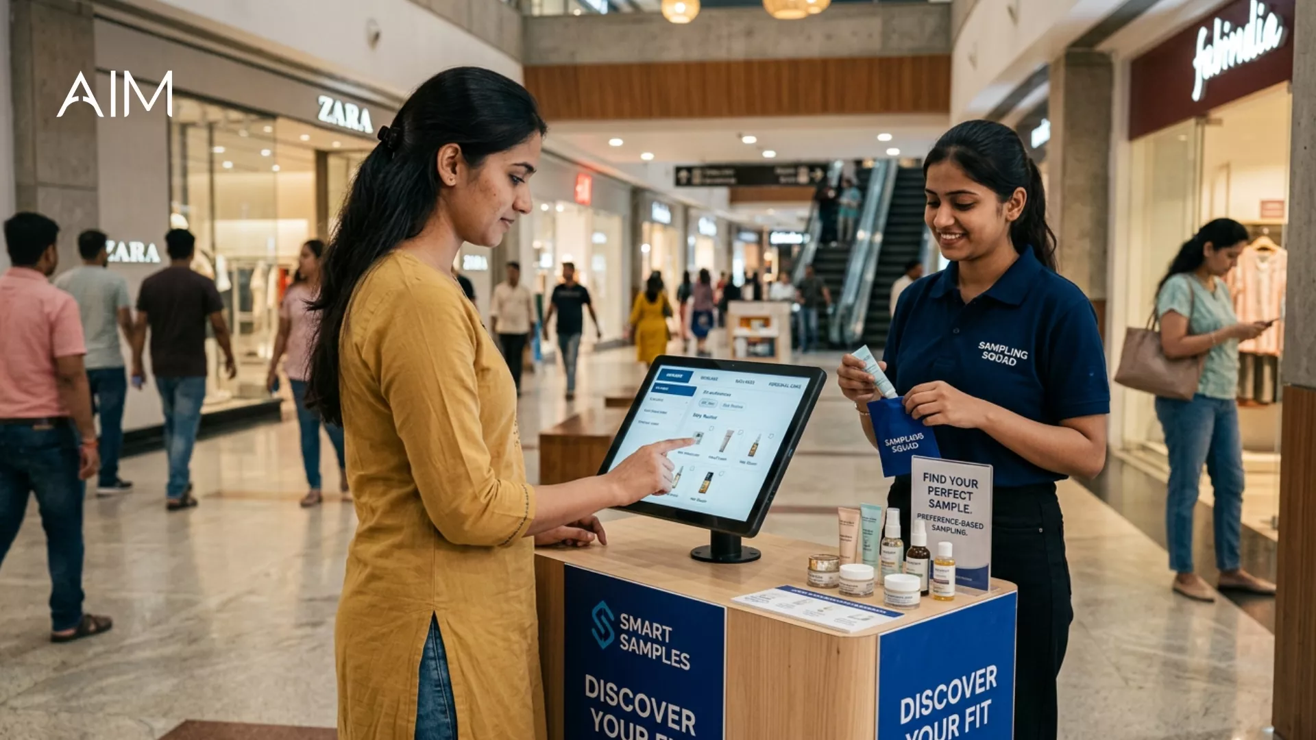 Woman using a touchscreen sampling kiosk in a mall while a promoter holds a product sample