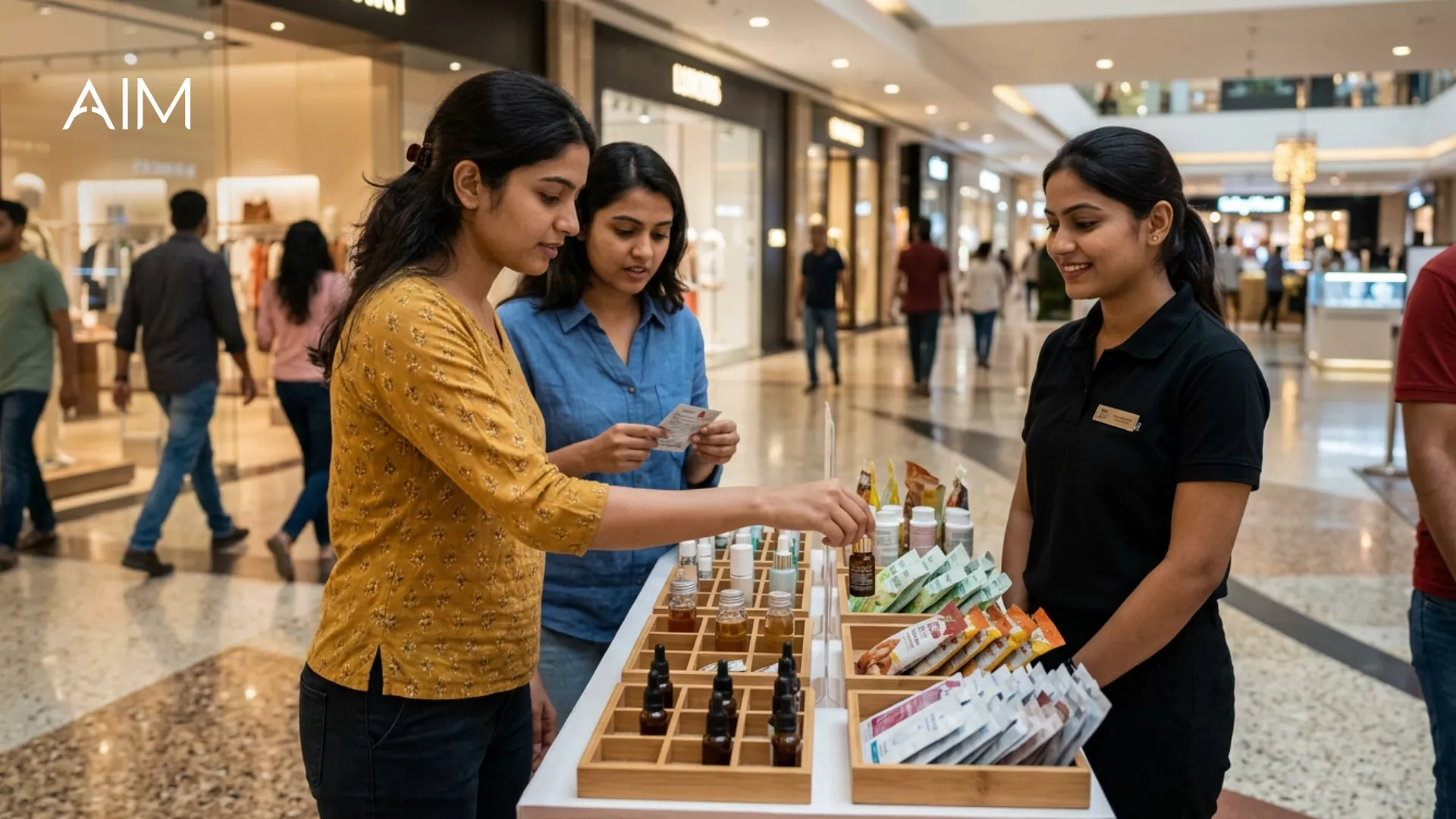 Two women choosing from a tray of product samples at a mall counter, helped by a promoter