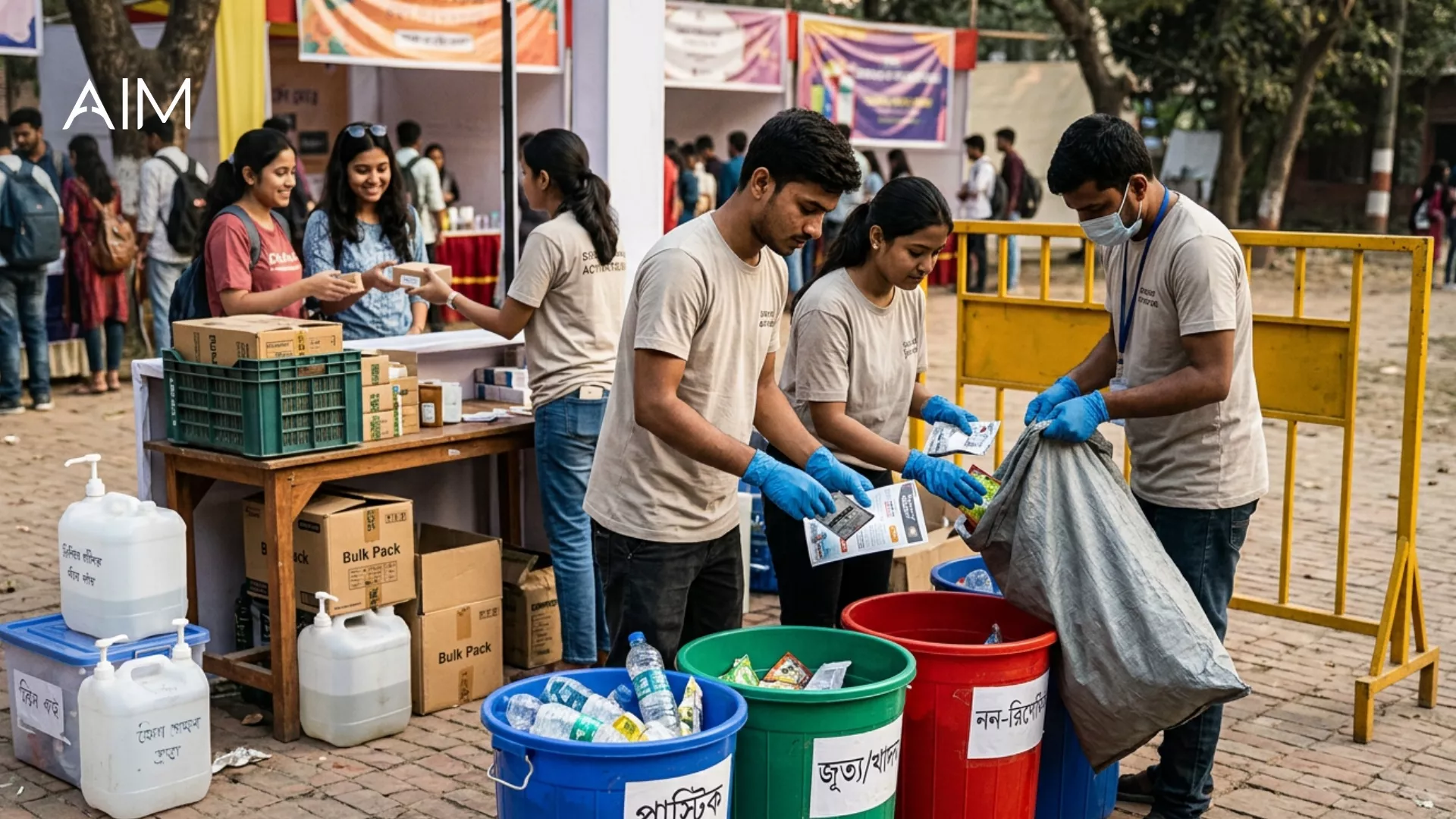 Volunteers sorting used sample sachets into colour-coded recycling bins at an outdoor stall