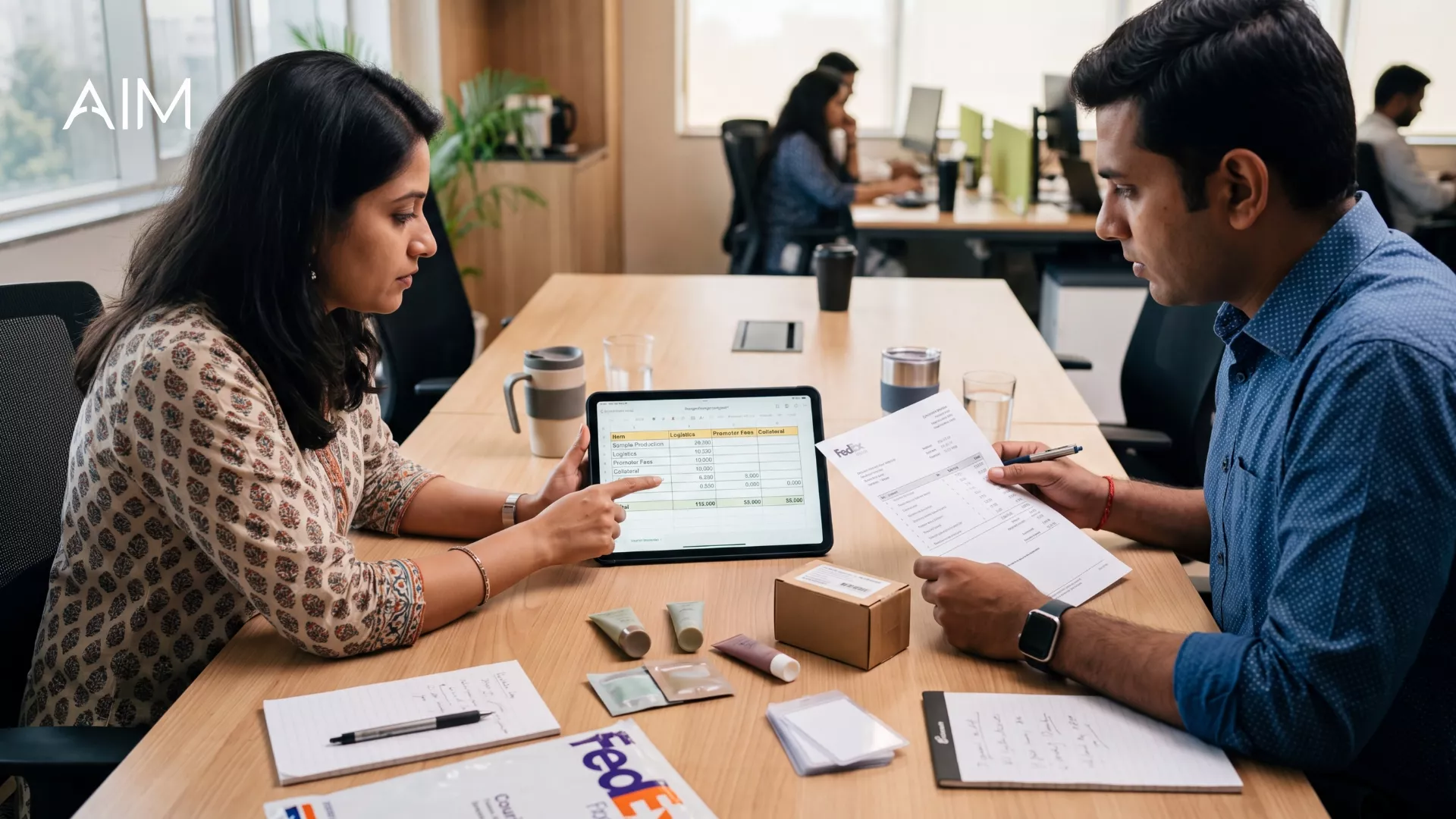 Two colleagues at an office table reviewing a budget on a tablet and paper, with sample tubes and a small box nearby