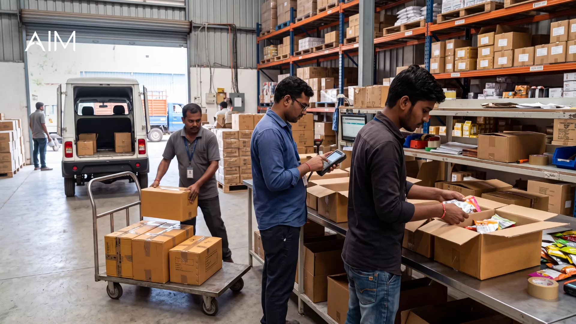 Warehouse staff packing sample cartons, with a delivery van at the loading door