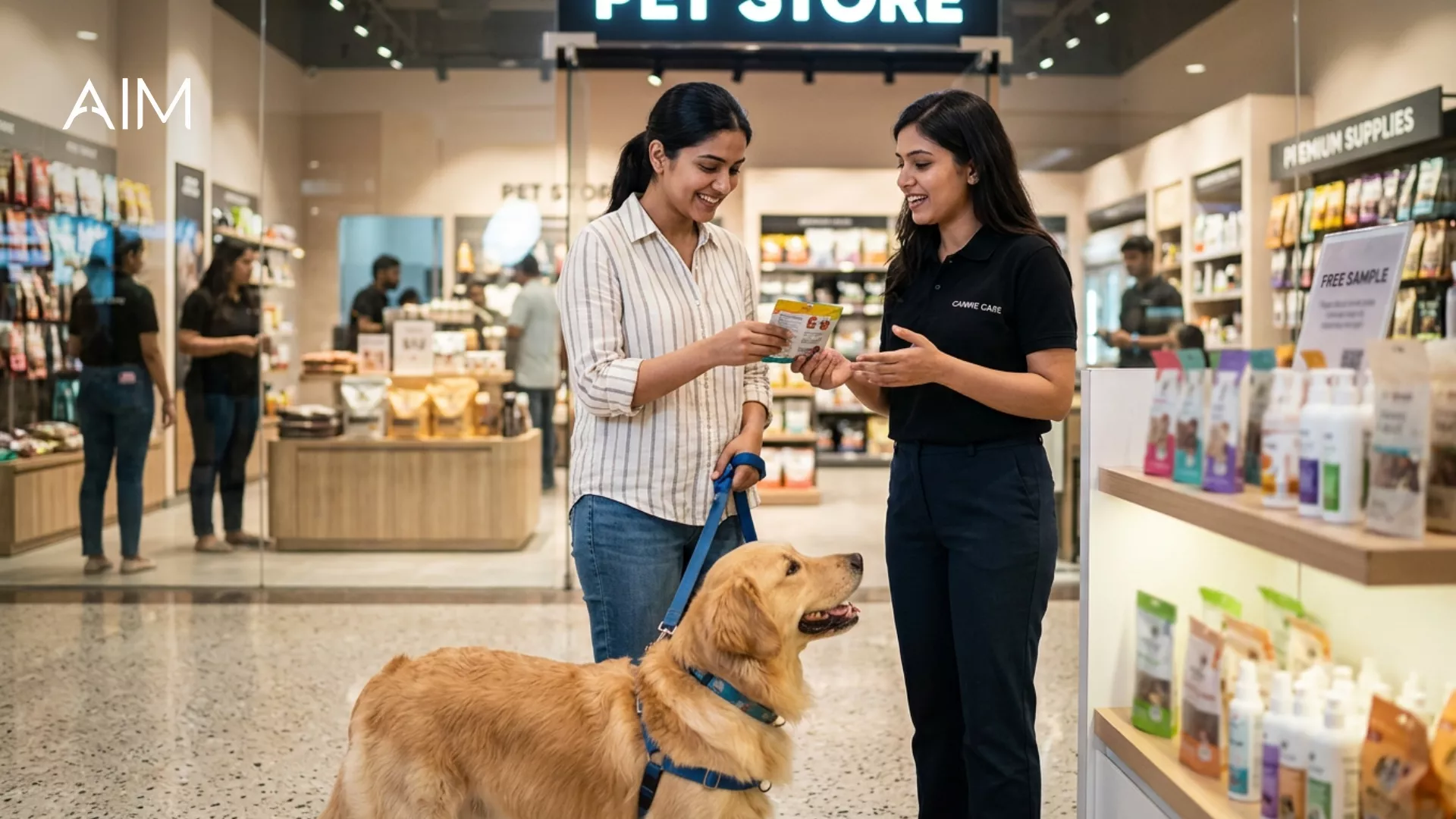 Promoter in a pet store showing a sample to a woman with a golden retriever on a leash