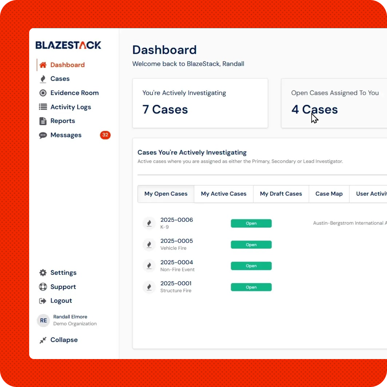 A red and white dashboard showing a number of cases.