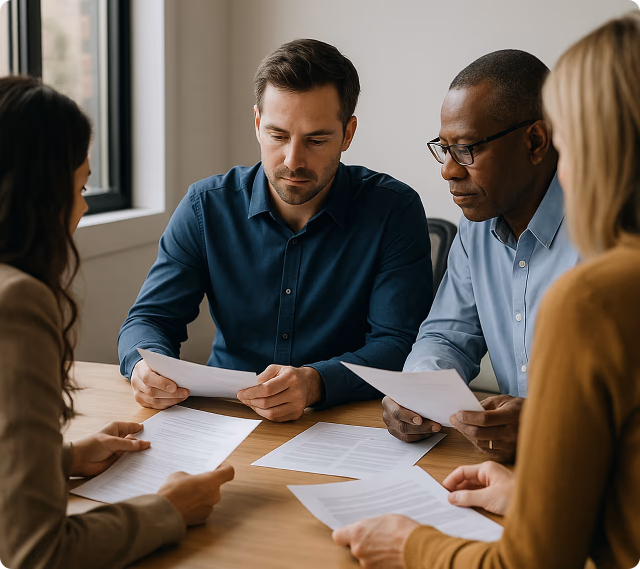 A group of co-workers sitting around a table with papers.