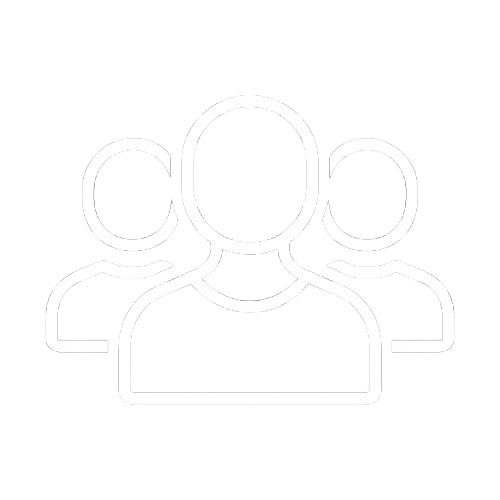 White icon of three generic user silhouettes representing a group of people on a black background.
