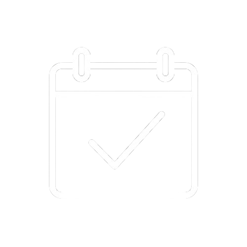 White calendar icon with two binding rings and a checkmark inside on a black background.