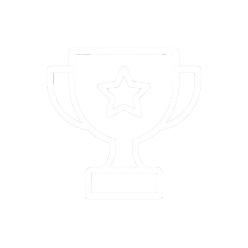 White trophy icon with a star in the center on a black background.