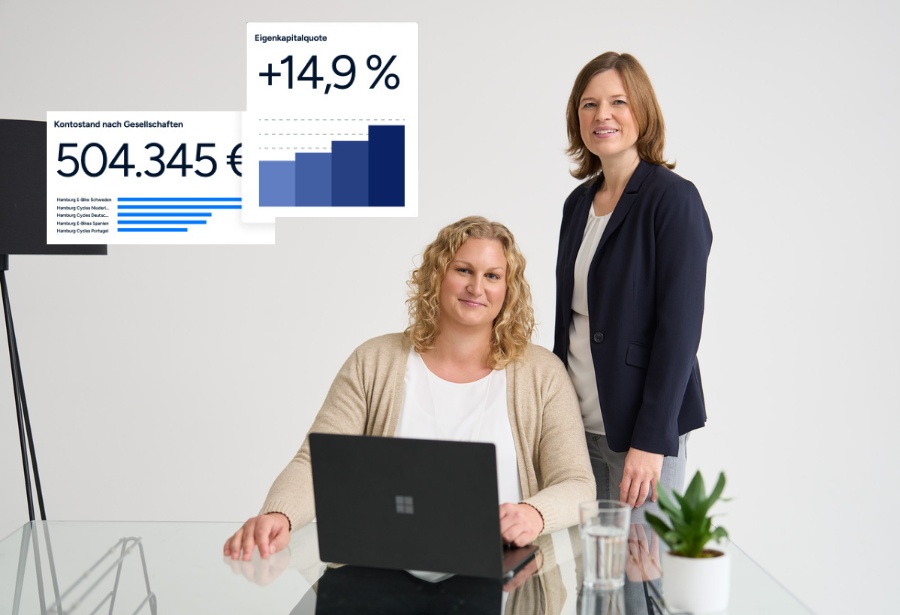 Zwei Frauen von loyos bi schauen in die Kamera, eine sitzt, eine steht neben ihr.