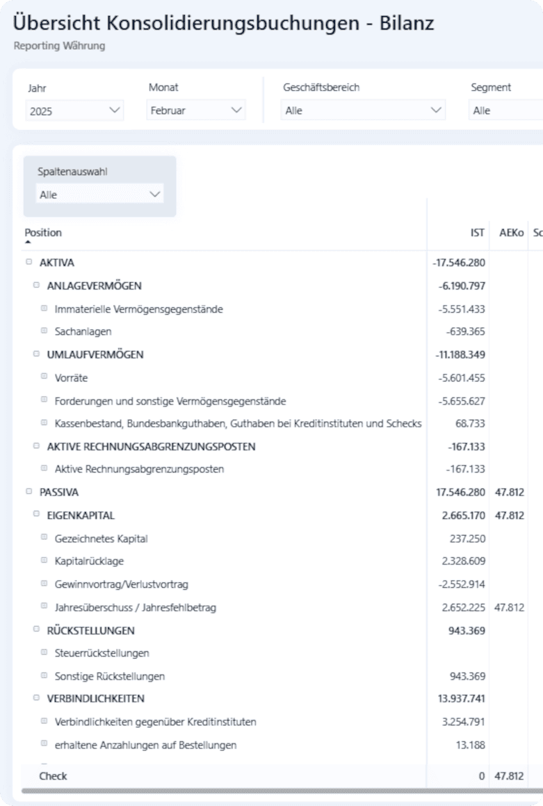 Das ist ein Screenshot aus der loyos bi Financial Management Suite und zeigt den Reiter Konsolidierung.