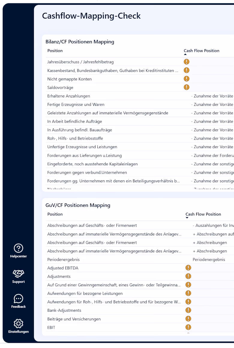 Ein Screenshot aus der loyos Finanzsoftware die den Cashflow-Mapping-Check zeigt.