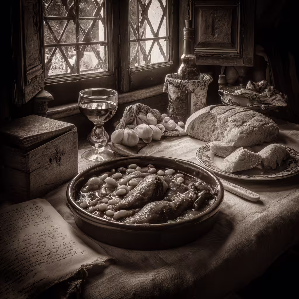 Plat ancien de cassoulet servi près d’une fenêtre en bois, pain rustique et verre de vin sur une nappe de lin.