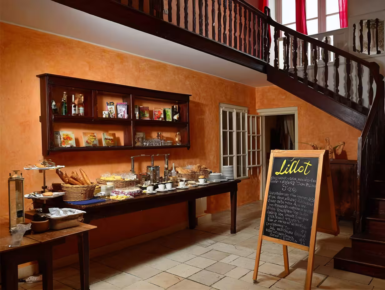Petit-déjeuner buffet avec viennoiseries, pain, tasses et menu inscrit à la craie sur un tableau noir, sous un escalier en bois, dans une salle rustique aux murs orange.