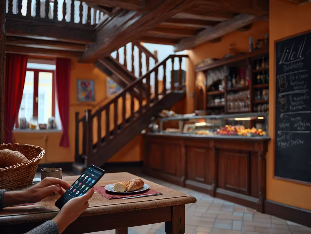 Personne tenant un smartphone à une table en bois avec du pain et un verre dans salle de petit déjeuner chaleureuse avec des escaliers en bois et un comptoir.
