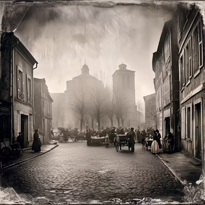 Reconstitution façon daguerréotype d’une place bordée de maisons anciennes avec marché, fiacres et passants du XIXe siècle.