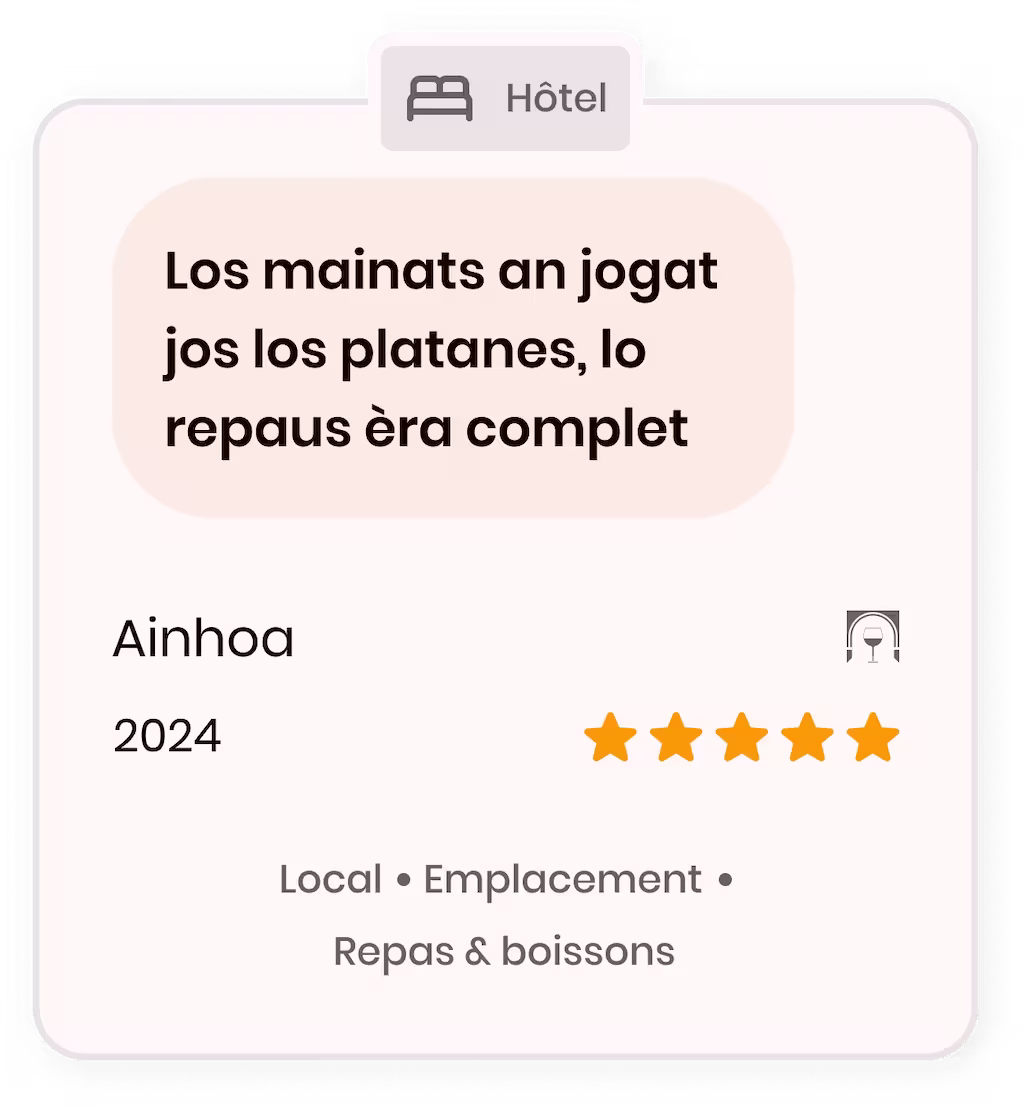 Carte d’avis hôtel indiquant un commentaire en gascon, notée cinq étoiles par Ainhoa en 2024.