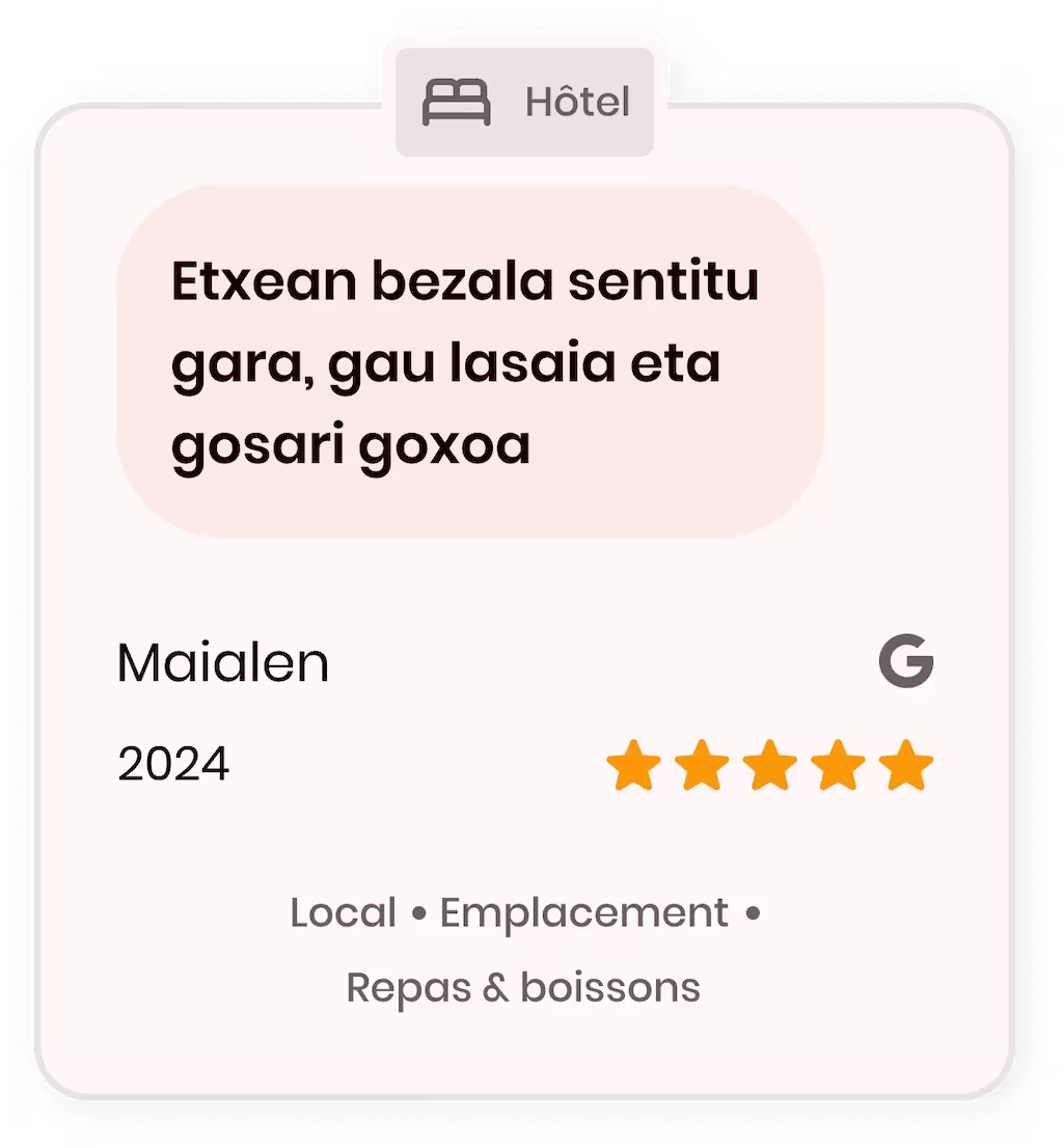 Carte d’avis hôtel affichant un commentaire en basque, notée cinq étoiles par Maialen en 2024.