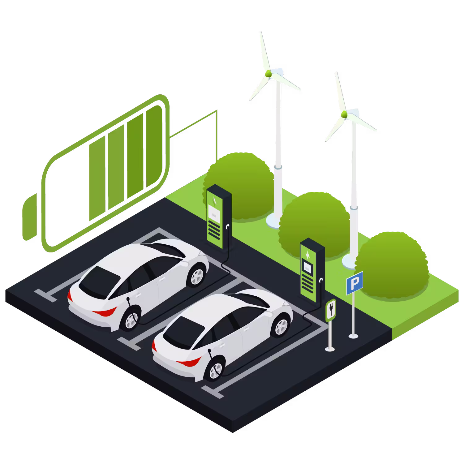 Illustration de deux voitures électriques blanches en cours de recharge dans une station située dans un parking, à proximité d'éoliennes et de buissons verts.
