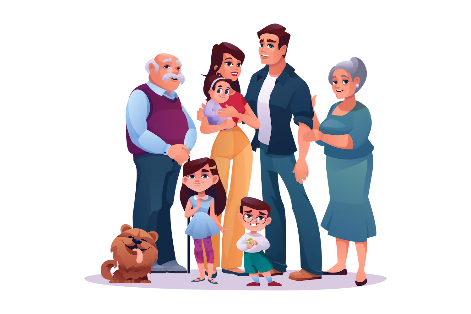 Illustration d'une famille multigénérationnelle heureuse avec des grands-parents, des parents tenant un bébé, deux enfants et un chien brun souriant.