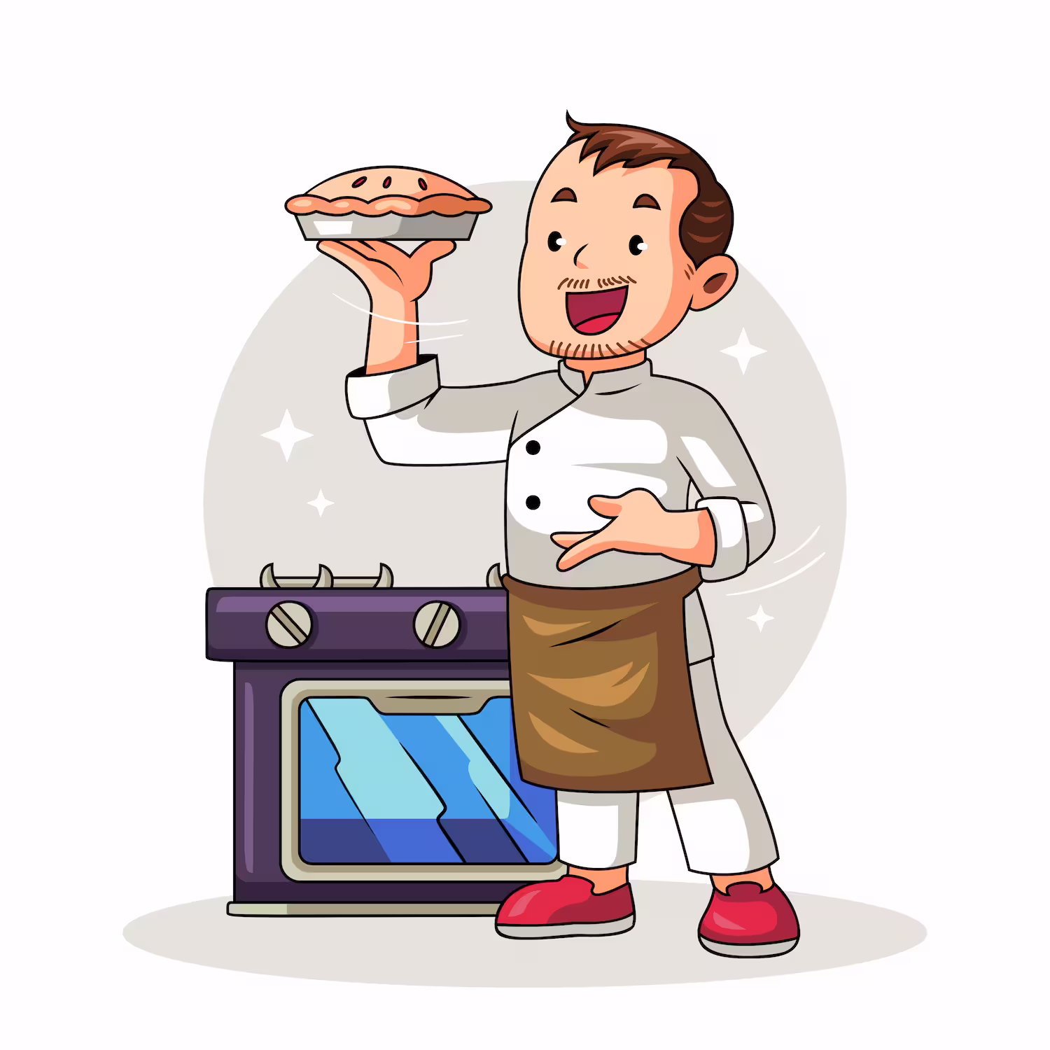 Chef vêtu d'un uniforme blanc et d'un tablier marron tenant une tarte fraîchement cuite devant un four.