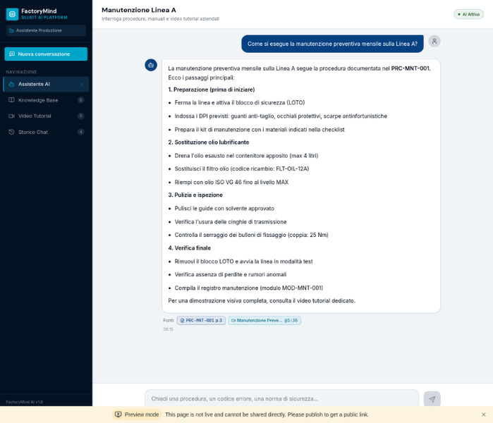 Interfaccia dell'assistente AI: l'operatore pone una domanda sulla manutenzione preventiva e riceve una risposta strutturata con riferimento al documento procedurale e al video tutorial corrispondenteInterfaccia dell'assistente AI: l'operatore pone una domanda sulla manutenzione preventiva e riceve una risposta strutturata con riferimento al documento procedurale e al video tutorial corrispondente