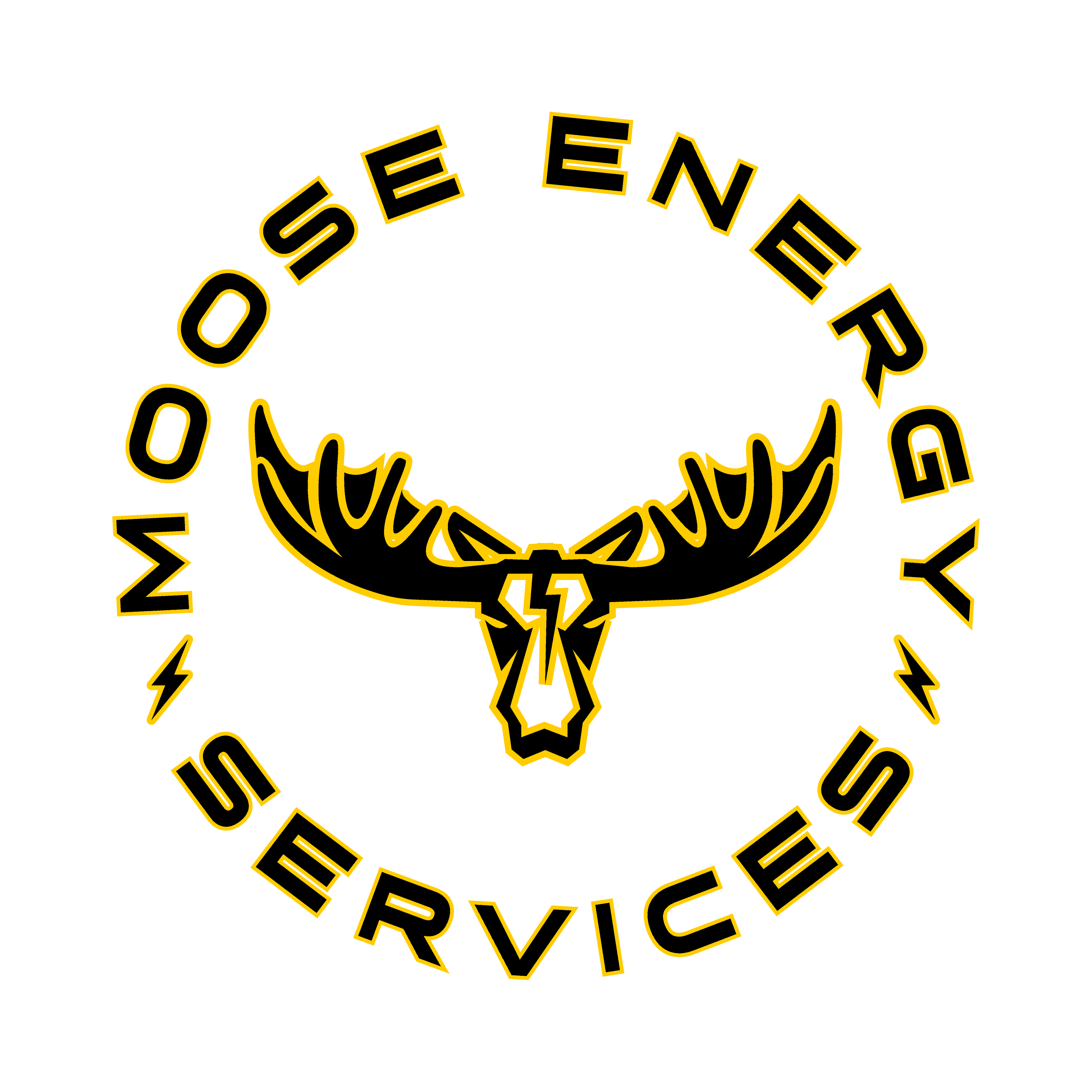 Circular yellow outline logo on black background with a stylized moose head featuring lightning bolt shapes, surrounded by the text 'Moose Energy Services' in uppercase letters.